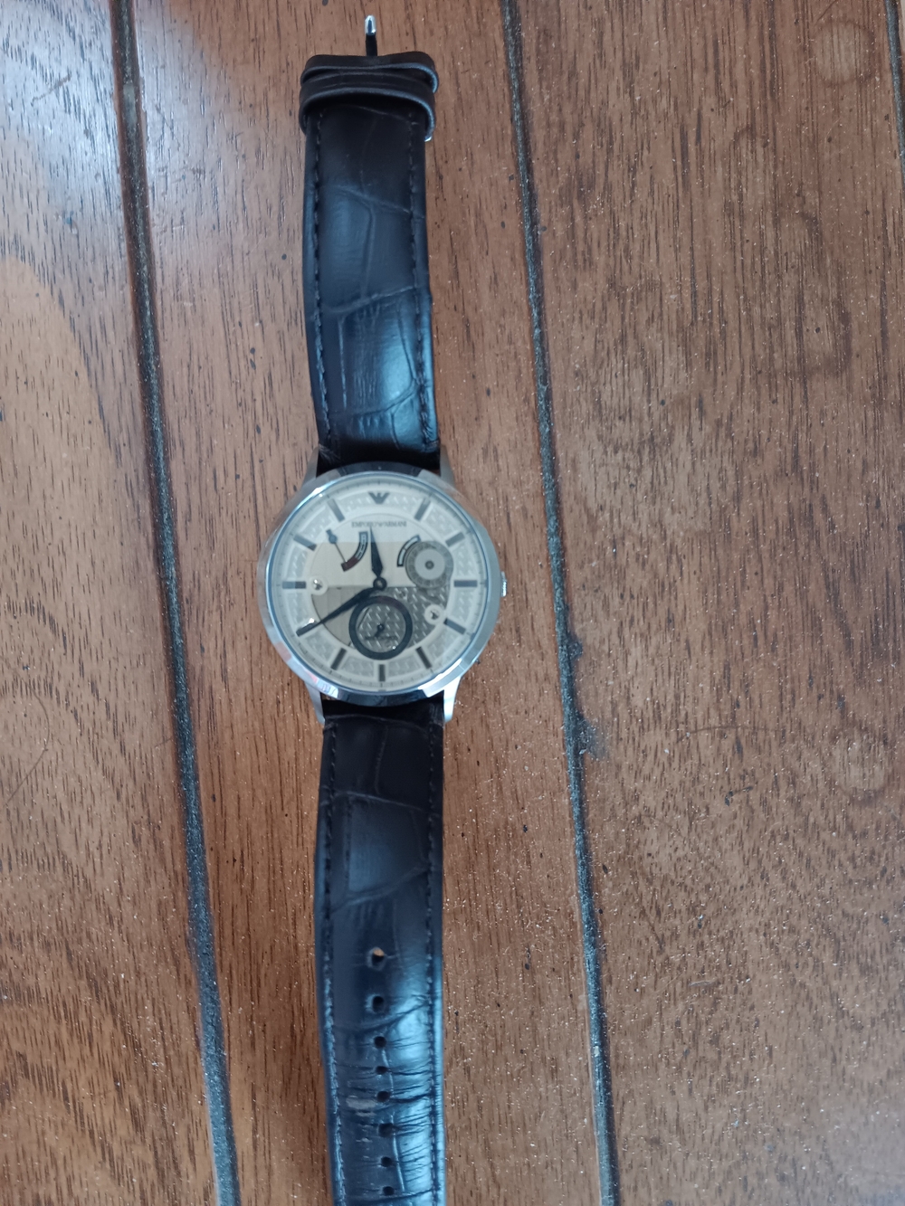 Emporio Armani Meccanico Watch..Black Leather Strap Silver-Tone Dial Men’s Watch